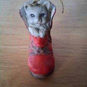 Gray Cat In Red Boot Christmas Ornament